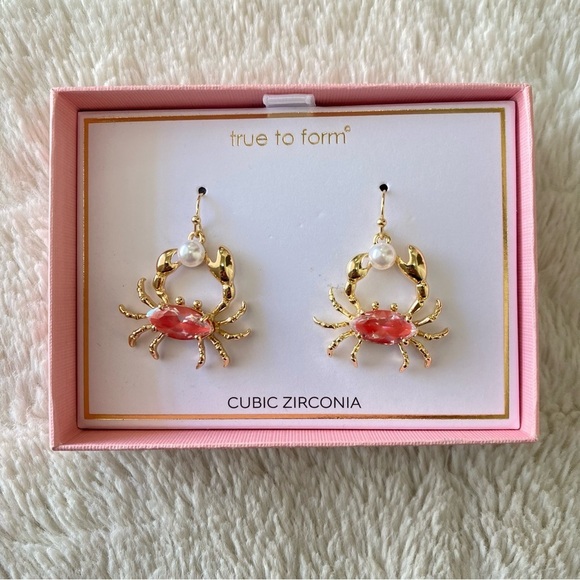 Whimsical Gold and Coral Pink Crab Pearl Cubic Zirconia Earrings - Picture 3 of 10